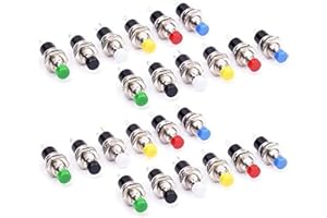 GTIWUNG 24 Stück SPST Mini Schalter, Momentane Druckschalter, 7 MM Montageloch 1A 250 V AC 2 Pins OFF/ON Gewinde SPST Momentary Rast Mini Druckschalter (6 colors)