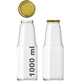 1000 ml Şeffaf Meyve Suyu Şişesi, Meşrubat, Limonata Şişesi Metal Kapaklı 1000 Cc Boş Cam Şişe (2, Altın Kapak, 1000, Mililit