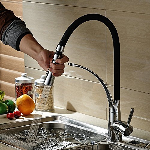Hiendure® aus massivem Messing herausziehen Spray Küchenarmaturen Waschtischarmaturen Küchenspüle Wasserhahn Gummischlauch verchromt, Schwarze Farbe - 3