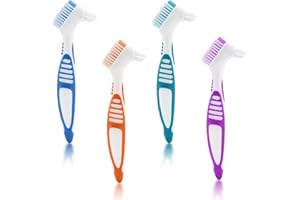 SIMSKY 4 Stück Doppelseitige Prothesenreinigungsbürsten - Ergonomische Gebissbürste mit Mehrschichtigen Borsten - Tragbare und Moderne Bürste für Falsche Zähne (4 Farben)