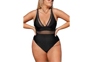 CUPSHE Damski jednoczęściowy strój kąpielowy plus size dekolt w serek siateczkowa przezroczysta kontrola brzucha kostium kąpielowy z regulowanymi szerokimi paskami