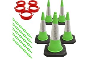 STREET SOLUTIONS UK Set of 5 ​Traffic Cones, Plastic Security Cone Chain Barrier ​and​ Links - ​For​ Road ​and Driveway Safety - ​Use for​ No Parking ​or​ Entry - Red, White ​and​ Reflective​ Design (Green)