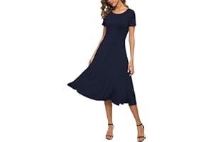 EXCHIC Mujeres Casual Sólida Cuello Redondo Midi Vestido Elástico Manga Corta Verano Vestido Largo