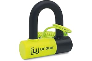 URBAN UR59 Candado Moto Disco Mini U ø14mm, Alta Seguridad, Antirrobo Moto Doble Función Bloqueo Pinza Freno o Cadena Seguridad, Doble Cierre Acero Endurecido, Cable Recordatorio, Cepo Moto Universal