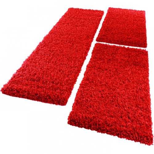Bettumrandung Läufer Shaggy Hochflor Langflor Teppich in Rot Läuferset 3Tlg., Grösse:2mal 70x140 1mal 70x250