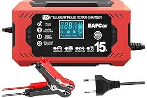 EAFCar 15A Autobatterie Ladegerät, 12V Smart vollautomatische KFZ Batterieladegerät mit Temperaturkompensation für Auto LKW Motorrad Rasenmäher Boot Marine Batterien(15A)