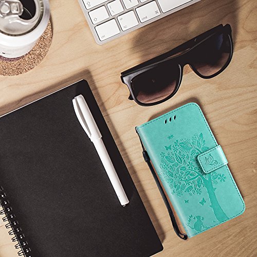 Motorola Moto C Plus HÃ¼lle, CLM-Tech Tasche aus Kunstleder Wallet Case - SchutzhÃ¼lle [Standfunktion] [Magnetverschluss] [KartenfÃ¤cher] [Handschlaufe] Flip Cover - Bookstyle Handy Flipcase Baum Katze Schmetterlinge grÃ¼n, PU Leder-Tasche fÃ¼r Motorola Moto C Plus LederhÃ¼lle