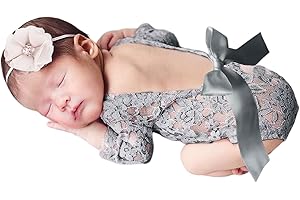 Camidy Neugeborenes Fotografie Requisiten Outfits Baby Mädchen Spitze Strampler Stirnband Säugling Fotoshooting Kleidung für Baby Jungen und Mädchen 3-12 Monate