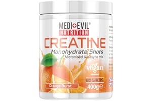 Medi-Evil Nutrition Creatine Monohydrate Shots Powder Vegan Friendly, Orange Burst Flavour, 400g, 80 Servings, Micronised for Easy Mixing (Pack of 1 Tub)