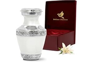 SOLACE FOREVER White Keepsake Urn - Handcrafted Small Urns For Human Ashes - Premium Red Box & Bag - Mini Funeral Cremation Urn - Honour Your Loved One with Enamel White Ashes Urn- Mini Urn For Ashes Keepsake