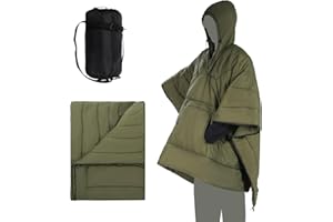 REDCAMP Wearable Camping Blanket Lightweight, Multifunctional Warm Travel Quilt Waterproof, Compact Wearable Poncho with Detachable Hood for Camping, Hiking (Army Green)