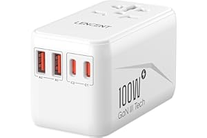 ‎LENCENT LENCENT 100W Adapter Podróżny na Całym świecie, GAN III Uniwersalny Adapter Wtyczki, Szybkie ładowanie Międzynarodowa ładowarka z 2 QC4.0 USB & 2 PD3.0 Type-C PPS do USA/UK/EU/AUS, Typ A/C/G/I, Biały