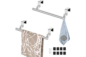 DIBALIYI 2 Pcs Over The Door Towel Rack, 2 Hooks, Over Cabinet Towel Bar, Stainless Steel Kitchen Dish Towel Holder for Bathroom Cupboard, 8 EVA Foam Protective Mats and 2 Nails, 2 Pack (Silver)