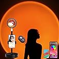 360° Rotating USB Sunset Projector Lamp with App Control, 16 Colour Music Sync Mood Light for Bedroom/Party/Yoga, Free Phone Holder & Bluetooth Selfie Remote Included
