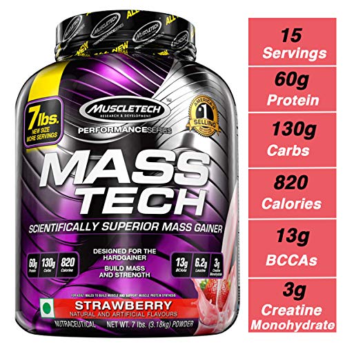 Muscletech Mass Tech Performance, Complemento alimenticio,  3.18 kg, Fresa