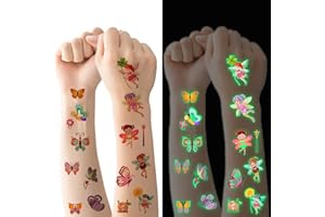 FLYFTREY Tatuaż dla dzieci, 10 arkuszy tatuaży z motywem świecącego motyla i wróżki kwiatowej, świecące w ciemności, wodoodporne, przyjazne dla skóry, dla dzieci, dekoracja na przyjęcie urodzinowe, upominek