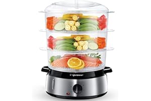 Aigostar 3 Tier Food Steamer, Electric Vegetable Steamer with BPA Free Baskets and Rice Bowl, 9 Litre, Refill While Steaming, Stainless Steel Base, 800W, Energy Saving, Silver