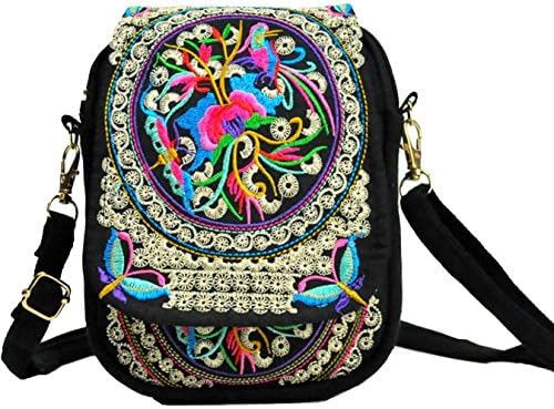 LazLake Women Ethnic Embroidered Shoulder Messenger Bag Handmade Crossbody Bag Boho Bags Canvas Handbag Phone Coin Purse MZ07 Black