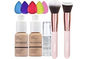HILARECO PHOERA Fond de Teint Couvrant Et Face Primer Liquide Couverture Complète Foundation Correcteur,Pinceaux Fond de Teint Et Pinceau Poudre,5 Éponges de maquillage (102 Nude + 104 Buff Beige)