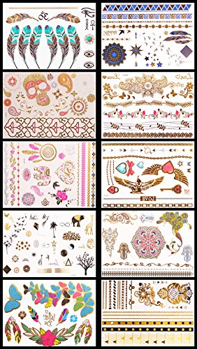 JZK® 10 Sheets Assorted Metallic Flash Temporary Jewellery Tattoos, Waterproof (A)