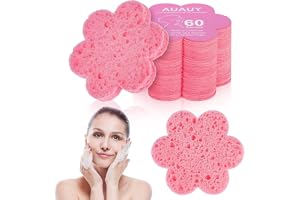 AUAUY 60 st ansiktsrengöringssvamp, ansikte tablett Skum, Blommor, Rosa | 100 % naturliga svampar tabletter för enkel rengöring, peeling, sminkborttagning