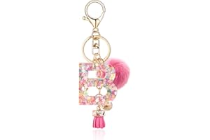 QUKE Alphabet Initial Letter Keychain for Women Girls Resin Keyring for Purse School Bag With Fur Ball Pom