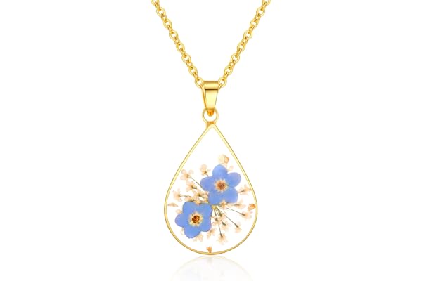 Collier de fleurs sauvages pressées Forget-Me-Not et Queen Anne's Lace | Collier pendentif en forme de larme | Collier de fleurs pressées en or | Colliers faits à la main, cadeau pour femme | 45 cm