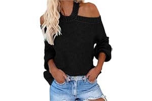QWUVEDS Maglione da donna con spalle scoperte a maniche lunghe, a maglia, cava, tinta unita, senza schiena