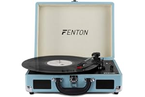 Fenton FP115 Vintage Suitcase Record Player - Portable Bluetooth Vinyl Turntable with Speakers, Blue, Wireless Record Players for Vinyl with Built-In Speakers, Vintage, Portable Vinyl Player