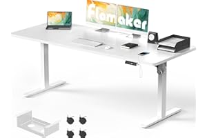 Flamaker Large Standing Desk 160x80cm with USB Charging Port, Sit Stand Reminder Desk Height Adjustable Electric Desk Home Office Desk with Cable Management Tray and Wheels, White Desktop+White Frame
