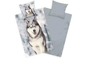 ‎AMINATA KIDS Aminata kids Biber Bettwäsche 135x200 Kinder Hund Husky Hunde-Tier-Motiv Baumwolle Reißverschluss, Kinder-Flanell-Biber-Bettwäsche Winter-Motiv, warm & kuschelig Wolf weiß Winterlandschaft
