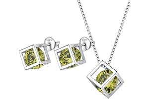 Aurora Tears 925 Sterling Silver Birthstone Necklaces Stud Earrings Jewellery Sets Gifts Square Birth Stone Pendant for Women and Girls