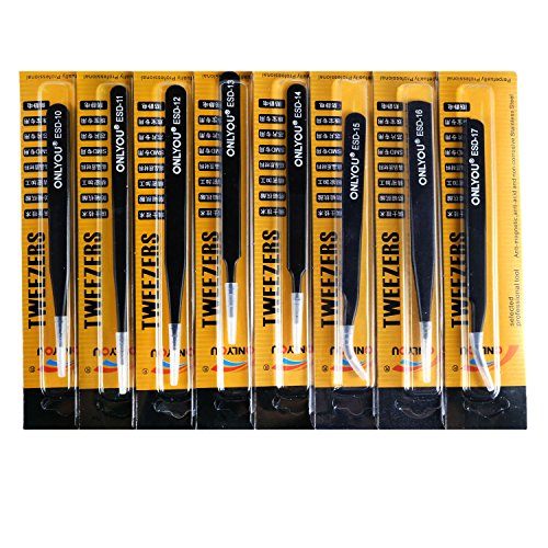 Foonii 8 pcs Anti-Statik-Edelstahl ESD präzise Pinzette gerade gebogen anatomisch Reparatur Tools für Elektronik, Schmuckherstellung, Industrie, Schwarz - 7