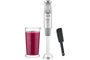 Moulinex Quickchef, Batidora de mano + Espátula, Pie metálico, 1000 W, 10 velocidades, Vaso medidor 800 ml, cuchillas Powelix, Gris DD65ADES