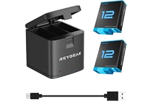 REYGEAK Chargeurs de Batterie pour GoPro Hero 12 Black Hero 11/10/9, 2 Batteries de Rechange avec Trois emplacements pour Chargeur Compatible avec GoPro Hero 12/11/10/9 (Chargeur + 2 x Batteries)