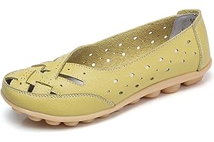 MUIUM(TM) Comfort Lightweight Shoes Women Leather Moccasins Slip-On Hollow Out Breathable Shoes Ladies Casual Orthopedic Loafer Shoes Non-Slip Driving Shoes