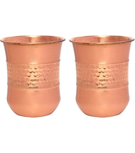 BRACOP Set van 2 koperen karafjes, drinkbekers en glazen. Pure koperen karaf, drinkbeker, mok, glaswerk, Ayurveda reliëf glazen waterkaraf, Moscow Mule mok voor sap