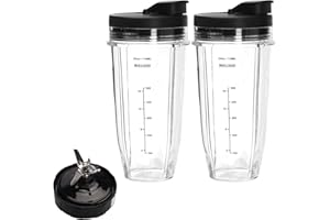 ‎MUMISUTO Mixer Ersatzteile für Ninja,2 Stück Blender Becher mit Herausnehmbarem Deckel,7 Flossen-Extraktor-Klinge Kompatibel für Ninja Bl2012/Bl487a/Bl492/Bl640/Nn100a/Nn101/Nn102,Mixbecher Ohne Auslaufen
