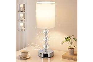 Aooshine Touch Table Lamp, Crystal Bedside Lamps with 3 Way Dimmable, Touch Lamps Bedside with USB C+A Charging Ports, Bed Lamps with White Fabric Shade for Living Room, Bedroom, Dorm(Bulb Included)