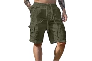 PADOLA Short Homme Coton Lin Bermuda avec 4 Poches Été Plage Cargo Shorts et Bermudas Taille Elastique Short de Travail Cordon de Serrage Uni Baggy Pantacourt Casual Décontracté