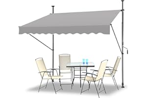 LZQ Markiza zaciskowa, balkonowa, zwijana ręcznie, z korbą ręczną, z regulacją wysokości, odporna na promieniowanie UV, bez wiercenia, 100% poliester (350 x 120 cm, szara)