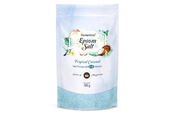 Nortembio Sels d’Epsom 100% Parfum Noix de Coco Tropicale 180 g – Source Naturelle de Magnésium | Avec Vitamines C et E Hydratantes | Pour Bains Relaxants, Spa et Soin de la Peau + E-Book Gratuit