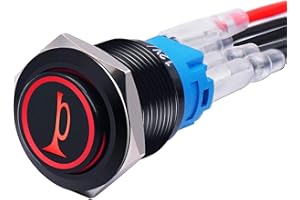 mxuteuk 19MM Raised Speaker Horn Momentary Push Button Switch 3/4" Mounting Hole 12V Red Led Light Black Stainless Steel Shell 1NO 1NC SPDT with Pre-wiring Wires Switch For Car Modification BKG19LB-R
