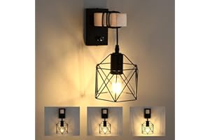 Glighone Wandleuchte Innen Vintage Dimmbar Wandlampe Schwarz Industrial Retro Lampe aus Metall und Holz E27 mit Schalter für Wohnzimmer Schlafzimmer Treppen Flur Cafe Bar Restaurant Hotel