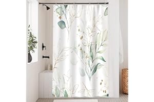 ‎UIIOOAZY Uiiooazy Duschvorhang 120x200cm, Duschvorhang Eukalyptus Grüne Blätter Anti Schimmel Gold Aquarell Pflanzen Duschvorhänge Wasserdicht Polyester Stoff Waschbar Bad Vorhang mit 8 Haken für Badezimmer