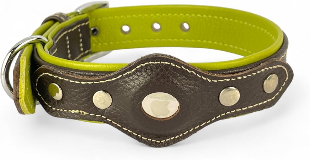 AirTag Uyumlu Flotter Deri Köpek Tasması – El Yapımı, Yumuşak & Dayanıklı, Çift Katmanlı Doğal Deri – Tornavida & Yedek Vida Dahil (Kahverengi - Yeşil, XL)