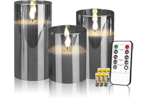 CREASHINE Led Flameless Candles Lights Realistic Flickering Candles 3D Flame Candles with Remote Decorative Unscented Pillar Candle Set of 3 Battery Operated(Included) (Grey)