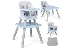 RELAX4LIFE 6 in 1 Seggiolone Pappa, Seggiolone Multfunzionale e Evolutivo con Imbracatura a 5 Punti, Vassoio Rimovibile e Regolabile, Tavolino e Sedia, per Neonati 6+Mesi, 25KG (Babyblue)