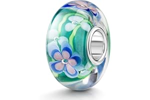 MATERIA by Matthias Wagner Glas Bead Anhänger blau grün mit Blumen für European Beads Armband 1485