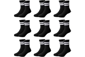Auranso Boys Socks 9 Pairs Kids Sports Cushioned Crew Socks Girls Black White Grey Striped Cotton School Athletic Socks 2-15 Years Toddler to Junior
